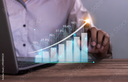 Hand young man with laptop touch graph financial transaction, Financial transactions and invesment online concept, Financial online, Internet banking photo