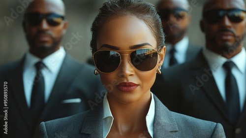 A South African businesswoman stands confidently, flanked by her bodyguards in dark suits and sunglasses, outdoors.