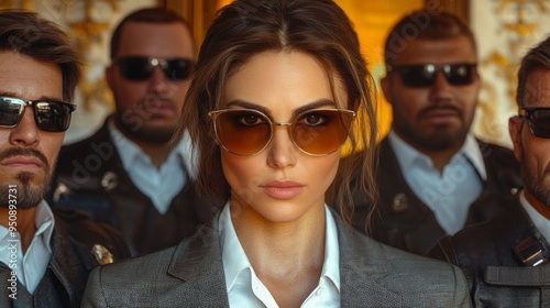 A confident Spanish businesswoman in sunglasses stands with her bodyguards, exuding power and professionalism indoors.