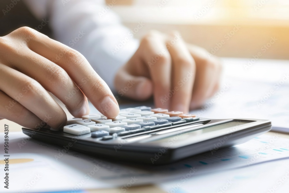 Close-Up of Hands Using a Calculator with Financial Documents on a Desk, Highlighting Business Concepts and Lifestyle Close-Up of Hands Using a Calculator with Financial Documents on a Desk, Highlighting Business Concepts and Lifestyle