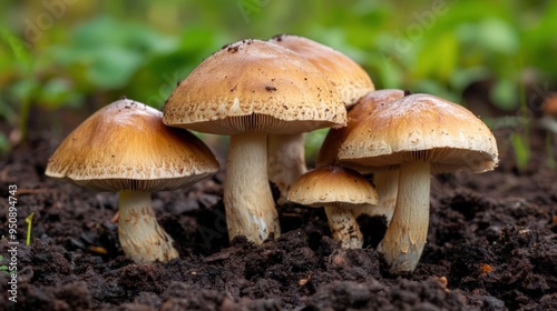 A cluster of brown mushrooms growing in the forest floor.