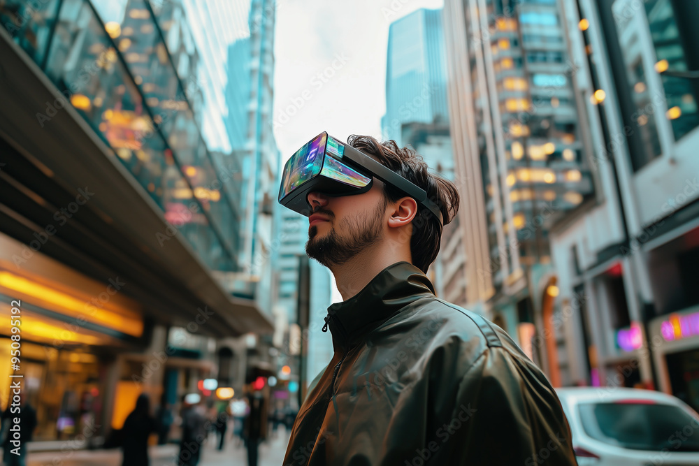 Man exploring city streets with VR headset Man exploring city streets with VR headset