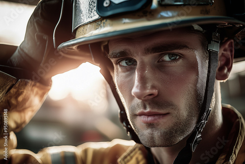 A close-up portrait of a determined Caucasian firefighter wearing a helmet, with a focused expression, symbolizing bravery, dedication, and the critical role of first responders in saving lives photo