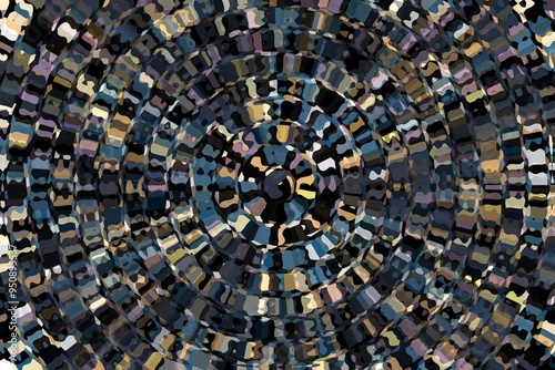 A colorful abstract design with a dark blue center. The design is made up of many different colors and shapes, creating a sense of movement and energy. Scene is dynamic and lively