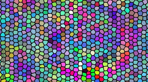 A colorful mosaic of small squares of glass. The colors are bright and vibrant, creating a sense of energy and excitement. The pattern is intricate and complex