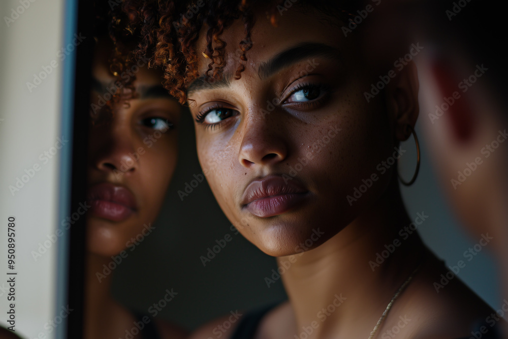 A young African-American woman with curly hair gazes thoughtfully into a mirror A young African-American woman with curly hair gazes thoughtfully into a mirror