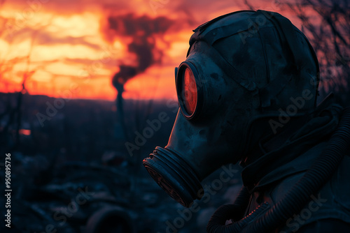 A side profile of a figure wearing a gas mask, standing against the backdrop of a dramatic sunset photo