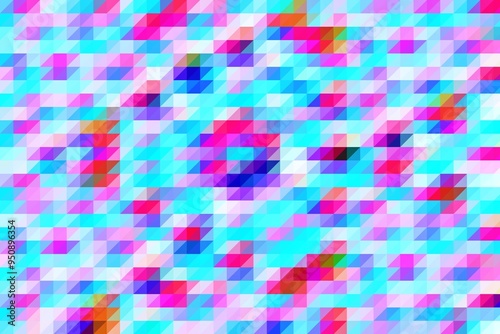 A colorful pattern of triangles and squares on a blue background. The colors are bright and vibrant, creating a lively and energetic mood. The pattern seems to be made up of different shapes and sizes