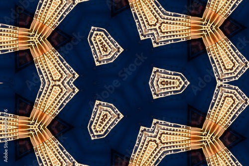 A pattern of triangles and squares in blue and gold. The pattern is very intricate and detailed. The colors of the pattern are bright and bold, creating a sense of energy and excitement
