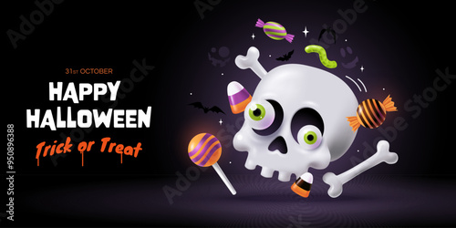 Happy Halloween - Trick or Treat banner. Creative illustration with floating funny skull and falling sweets for kids around. Isolated on dark background. Halloween greeting card concept. 3d style.