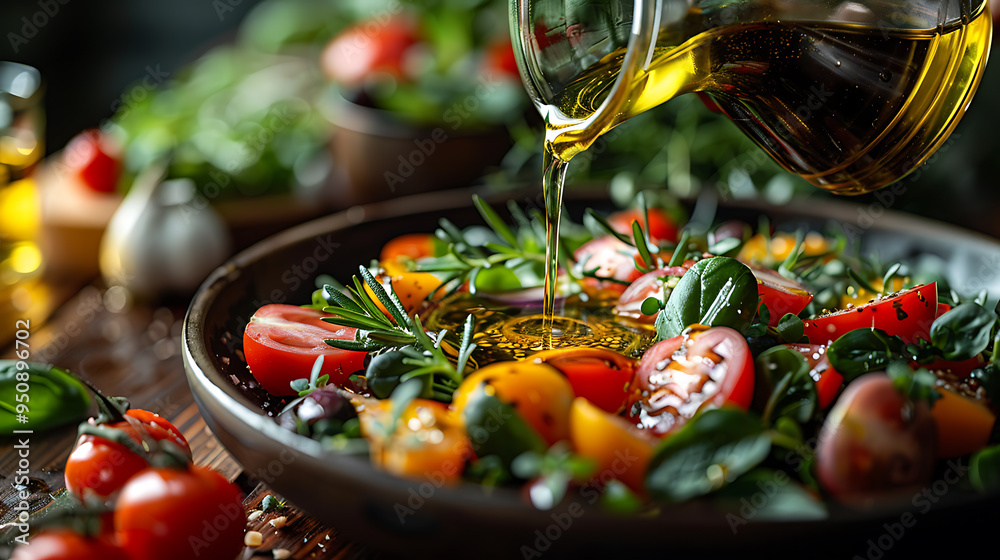 Hand pouring olive oil over a fresh salad, healthy fats for brain health, Mediterranean diet concept