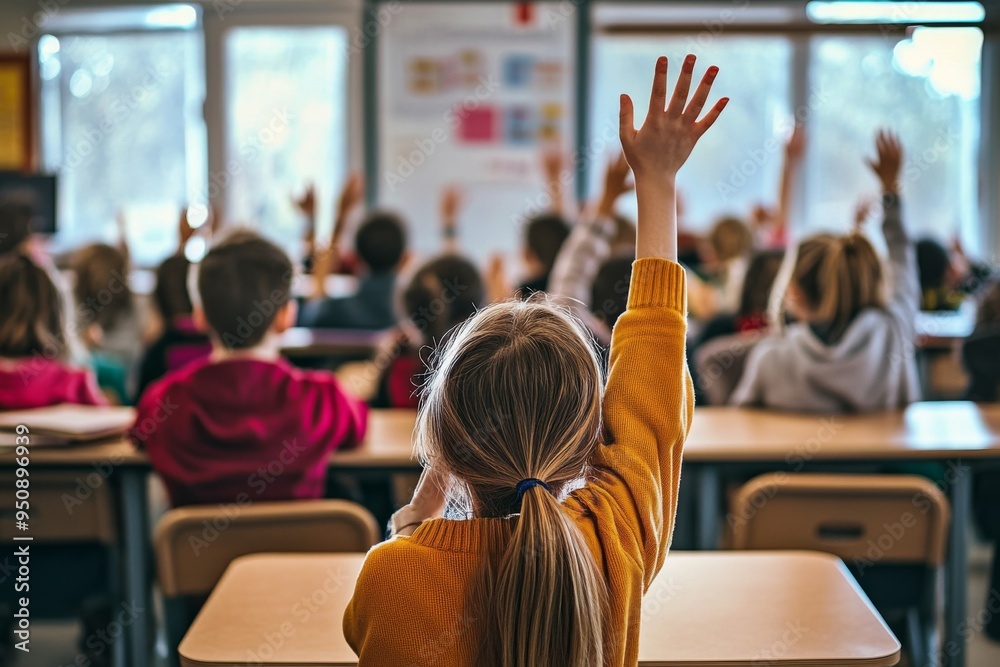 Engaging Classroom Scene with Teacher and Students Raising Hands, Demonstrating Active Learning in a Structured Educational Environment