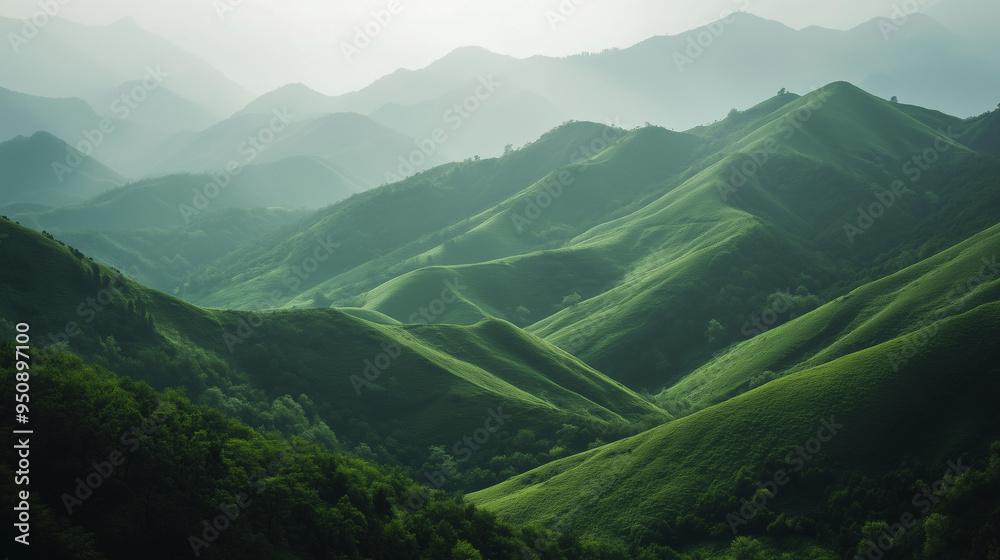 Fototapeta premium A series of green hills and mountains covered with dense grass and forests stretching into the distance