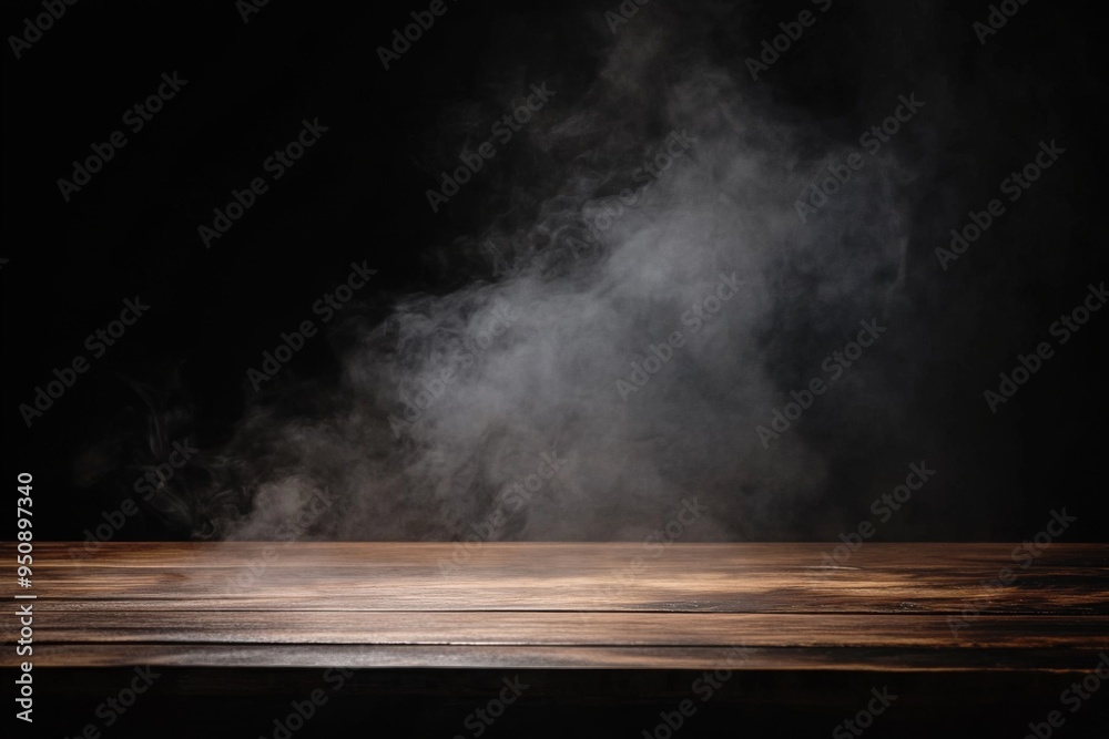 Wooden Table with Rising Smoke Against a Black Background, Creating a Mysterious and Intriguing Atmosphere - Perfect for a Web Banner with Copy Space on the Right Wooden Table with Rising Smoke Against a Black Background, Creating a Mysterious and Intriguing Atmosphere - Perfect for a Web Banner with Copy Space on the Right