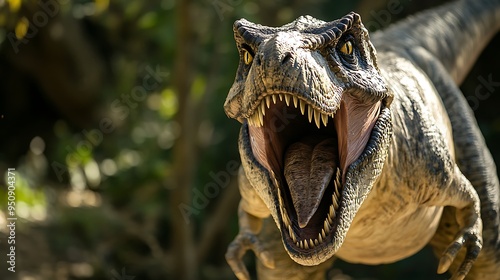 Fototapeta Naklejka Na Ścianę i Meble -  A close-up view of a Tyrannosaurus Rex dinosaur roaring with its mouth open, showing its teeth and tongue.