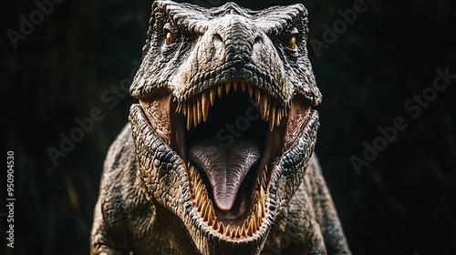 A close-up view of a Tyrannosaurus Rex with its mouth open, showing its sharp teeth and long tongue. The dinosaur has a menacing expression.