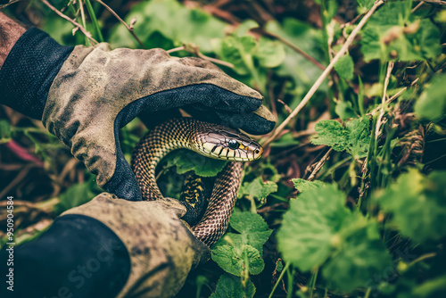 Gloved hands holding a snake in a field during pest control. photo