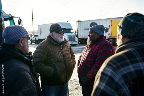 Group of truck drivers talking at a truck stop in winter clothing.