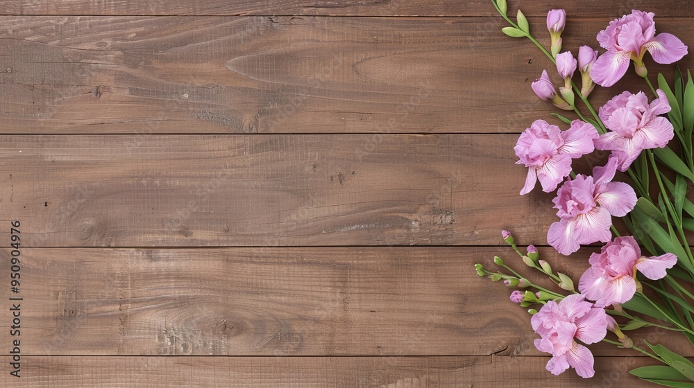 Pink flowers on rustic wooden background with ample copy space, perfect for banners, greeting cards, and nature-inspired designs. A simple yet elegant layout ideal for various creative projects.