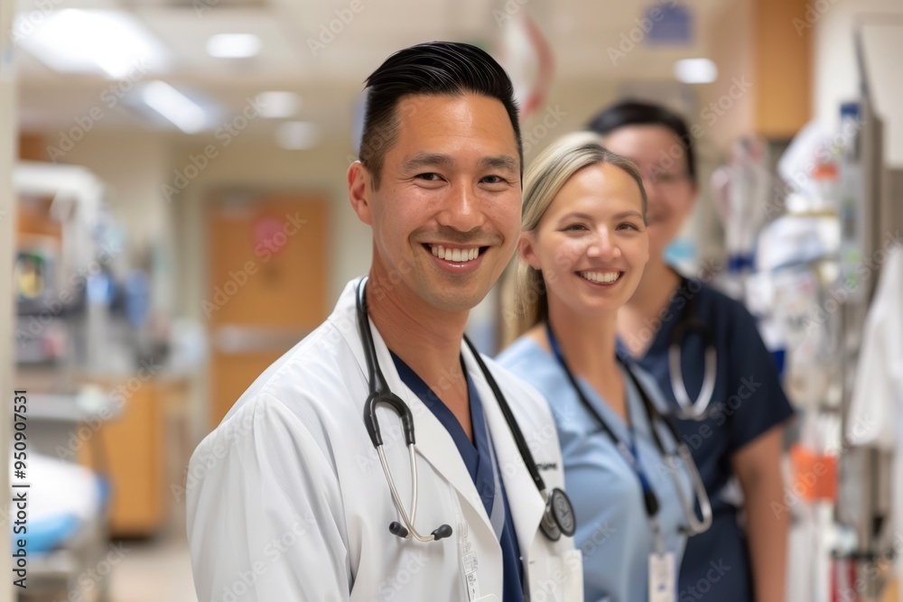 Confident doctor with a supportive healthcare team in a hospital, symbolizing the importance of collaboration, professional care, and the commitment to patient health and well-being.