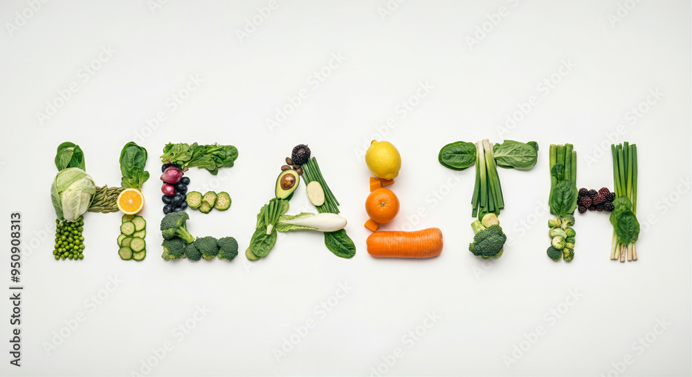 Vegetables and fruits arranged to spell health with vibrant health food and vegetable art Vegetables and fruits arranged to spell health with vibrant health food and vegetable art