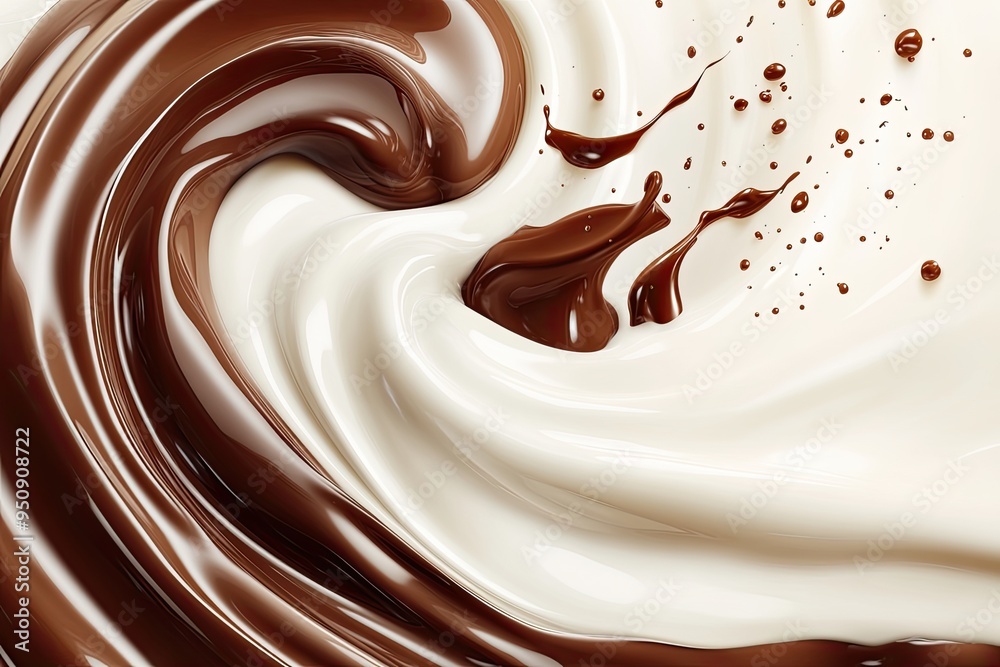 Milk and chocolate swirl wave splash. Realistic vector promo background with cocoa and milky flow with drops. Brown and white streams of dessert drink with splatters, liquid 3d dynamic splashing Milk and chocolate swirl wave splash. Realistic vector promo background with cocoa and milky flow with drops. Brown and white streams of dessert drink with splatters, liquid 3d dynamic splashing