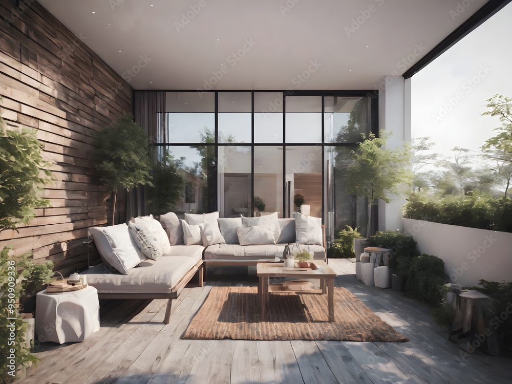 Outdoor terrace with large white sofa Outdoor terrace with large white sofa
