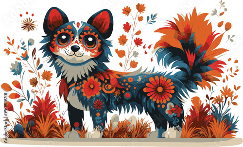 Day of the Dead, Dia de los muertos, dog skull and skeleton decorated with colorful Mexican elements and flowers