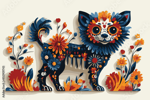 Day of the Dead, Dia de los muertos, dog skull and skeleton decorated with colorful Mexican elements and flowers