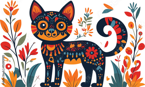 Day of the Dead, Dia de los muertos, dog skull and skeleton decorated with colorful Mexican elements and flowers