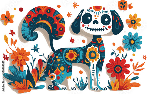 Day of the Dead, Dia de los muertos, dog skull and skeleton decorated with colorful Mexican elements and flowers