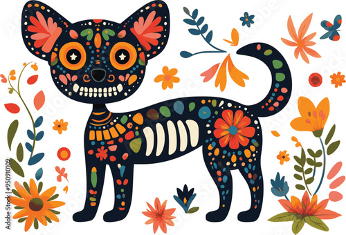 Day of the Dead, Dia de los muertos, dog skull and skeleton decorated with colorful Mexican elements and flowers