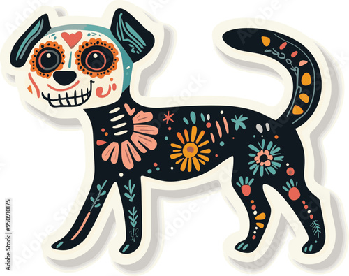 Day of the Dead, Dia de los muertos, dog skull and skeleton decorated with colorful Mexican elements and flowers