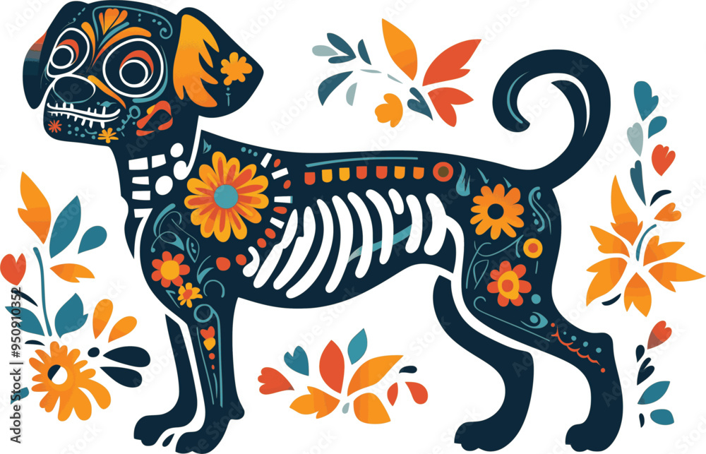 Obraz premium Day of the Dead, Dia de los muertos, dog skull and skeleton decorated with colorful Mexican elements and flowers