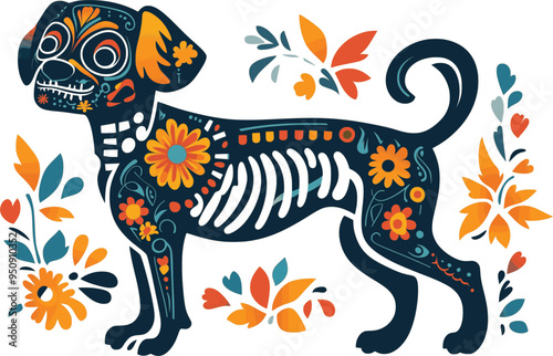 Day of the Dead, Dia de los muertos, dog skull and skeleton decorated with colorful Mexican elements and flowers