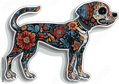 Day of the Dead, Dia de los muertos, dog skull and skeleton decorated with colorful Mexican elements and flowers