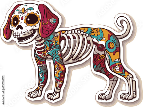 Day of the Dead, Dia de los muertos, dog skull and skeleton decorated with colorful Mexican elements and flowers