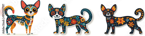 Day of the Dead, Dia de los muertos, dog skull and skeleton decorated with colorful Mexican elements and flowers