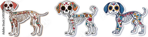 Day of the Dead, Dia de los muertos, dog skull and skeleton decorated with colorful Mexican elements and flowers