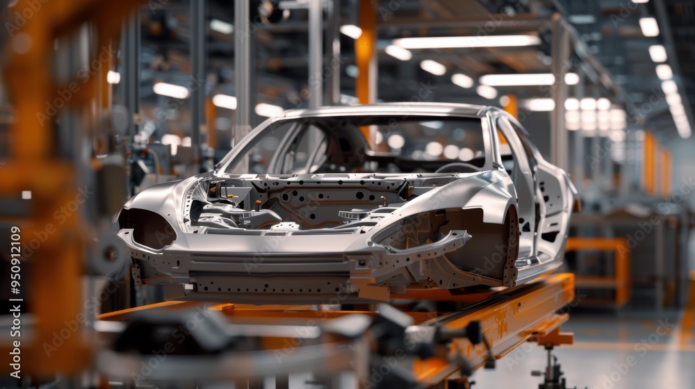 Fototapeta premium Aluminum car body in modern car factory