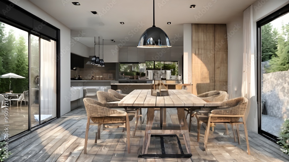 Dining room with kitchen on the view Dining room with kitchen on the view