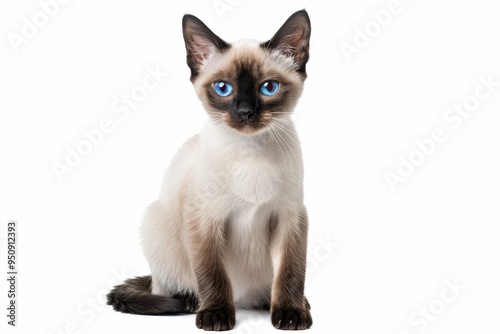 8 months old Siamese cat in front of white background