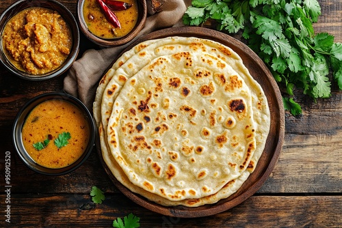 Top view of roti canai and dhal sauce on wooden table photo