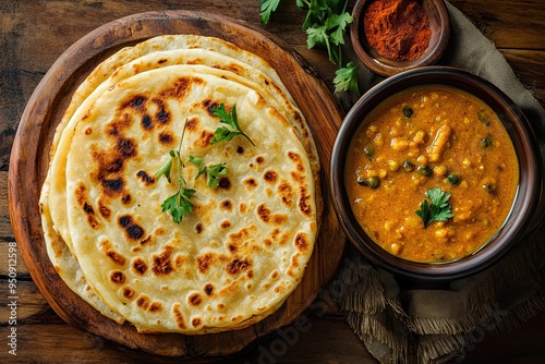 Top view of roti canai and dhal sauce on wooden table photo