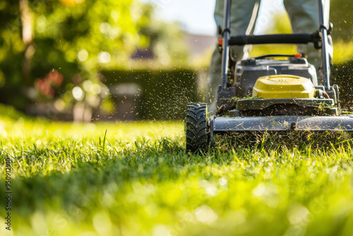 Side view of man using lawn mower cutting the grass in the backyard.