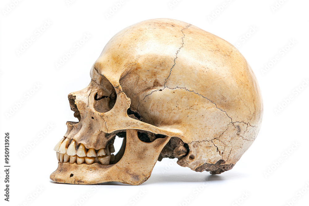 Naklejka premium Human skull on isolated white background, side view.