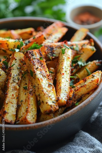 Savory and Crispy Baked Potato Wedges Garnished with Herbs