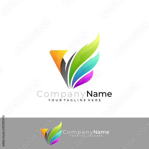 Wing logo with letter V design colorful, 3d style logos