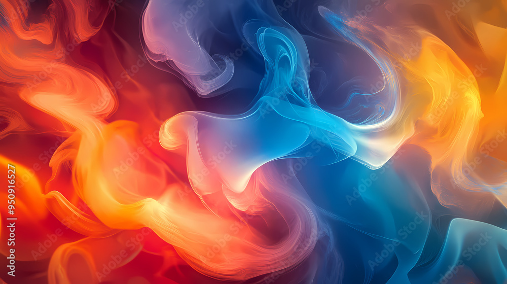 Abstract composition of swirling, colorful, and semi-transparent smoke-like forms in shades of orange, blue, and red, creating a dynamic and ethereal effect. Ethereal. Illustration Abstract composition of swirling, colorful, and semi-transparent smoke-like forms in shades of orange, blue, and red, creating a dynamic and ethereal effect. Ethereal. Illustration