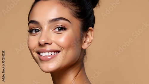 Beautiful Woman’s Face with Healthy, Clean Skin, Showcasing a Spa Concept for Cosmetic Skin Care. Emphasizing Radiant Complexion and Refreshing Appearance, Ideal for Skincare Treatments 